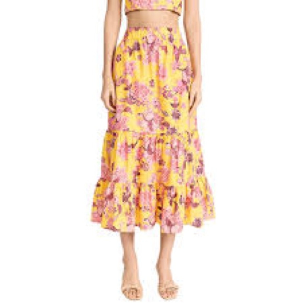 Cara Cara Chase Tiered Floral Midi Skirt in Yellow and Pink Medium